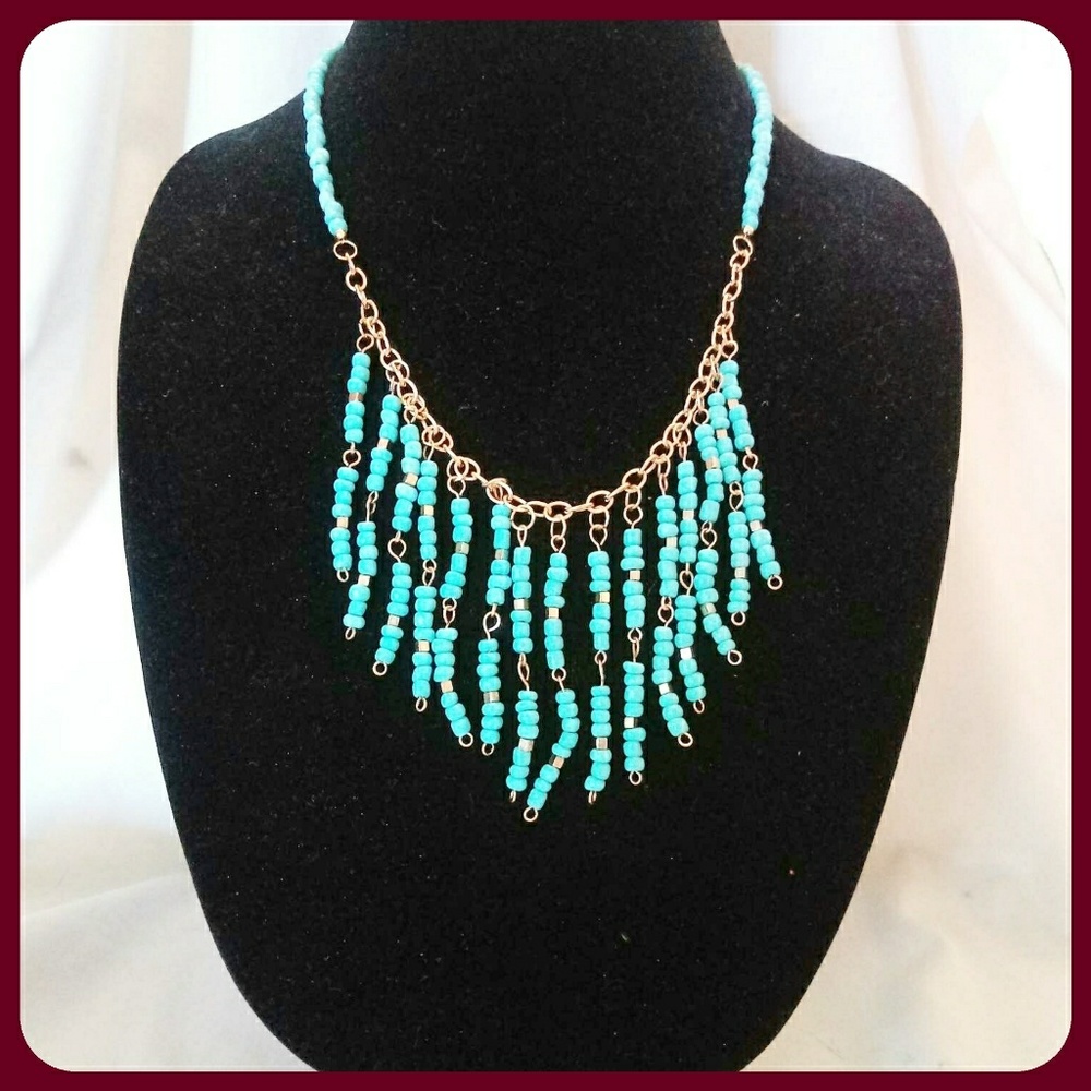Turquoise Seed Bead Necklace & Earrings Set